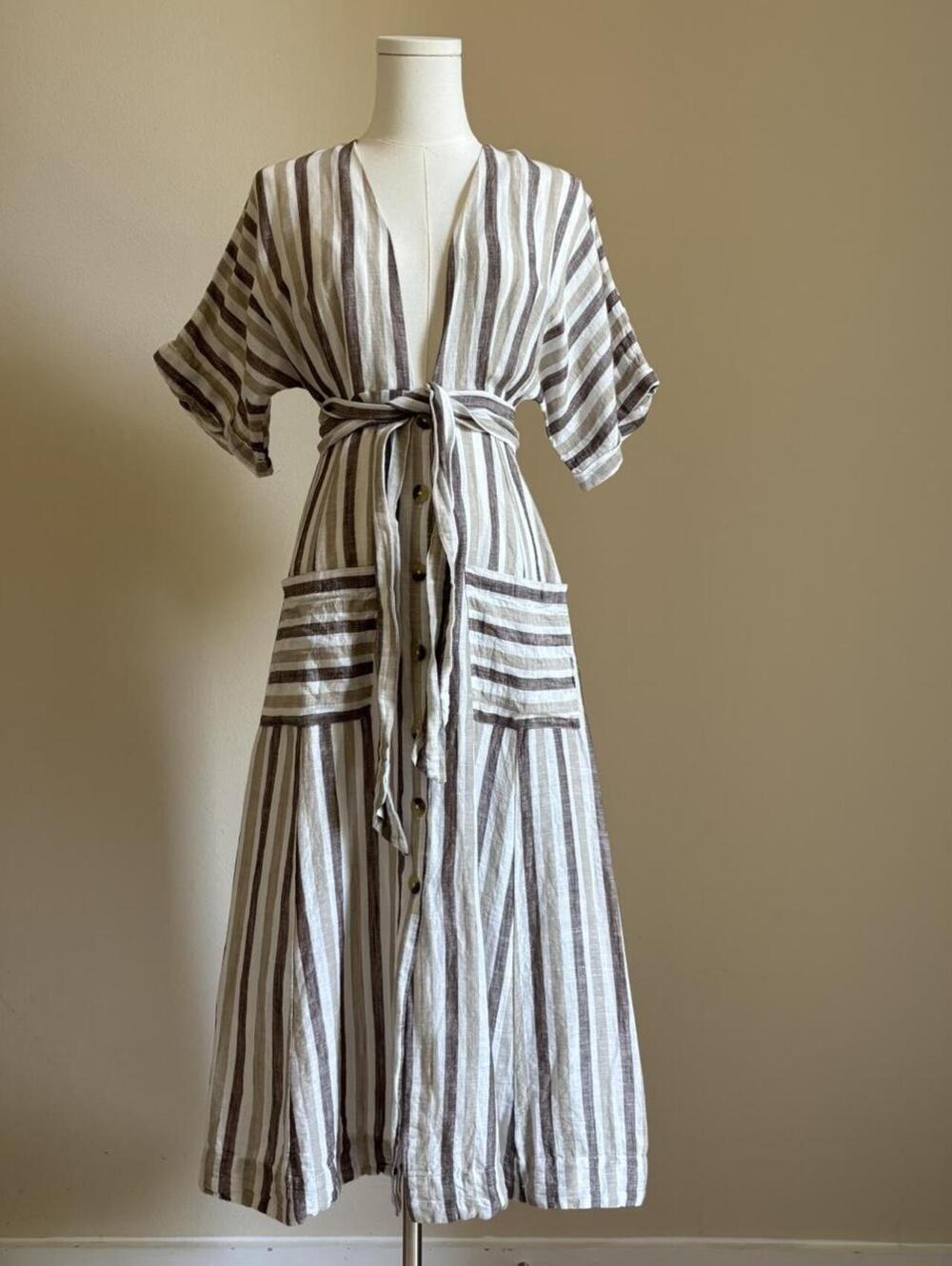 Free People Striped Linen Cotton Button Front Maxi Dress S
